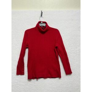 Talbots Plus Women Red Ribbed Turtleneck Sweater 1X Button Cuff Cotton Blend